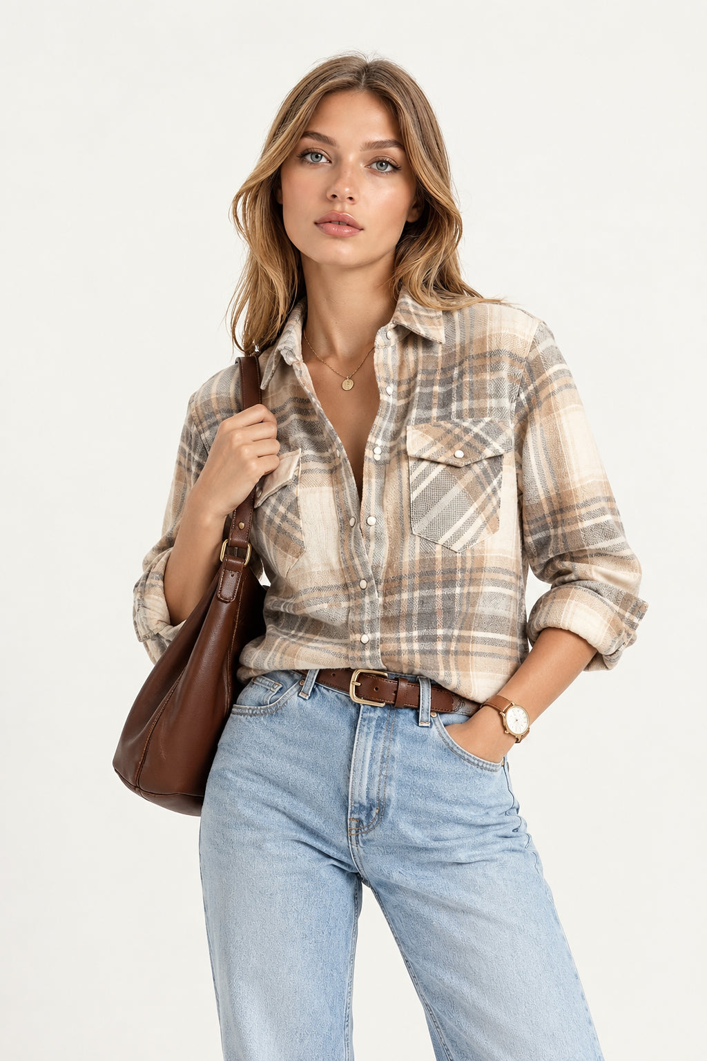 CAMICIA A QUADRI DA DONNA IN CASHMERE GRIGIO-BEIGE TESSUTA A MANO