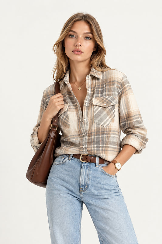 WOMEN'S GRAY-BEIGE HANDWOVEN CASHMERE PLAID SHIRT