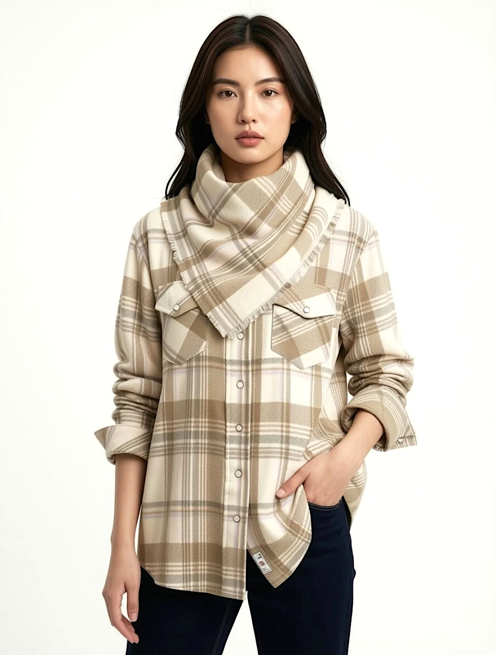 CAMICIA A QUADRI DA DONNA IN CASHMERE BEIGE-ROSA TESSUTA A MANO