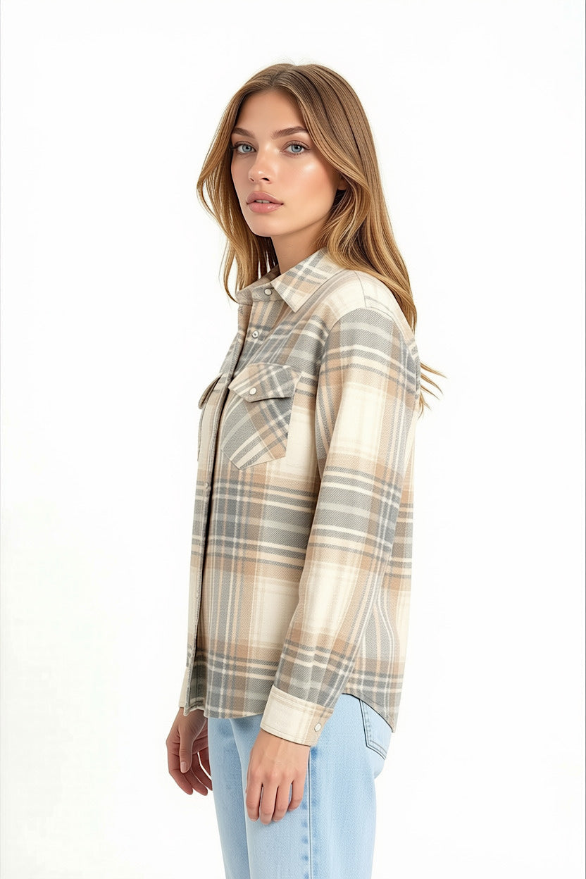 CAMICIA A QUADRI DA DONNA IN CASHMERE GRIGIO-BEIGE TESSUTA A MANO