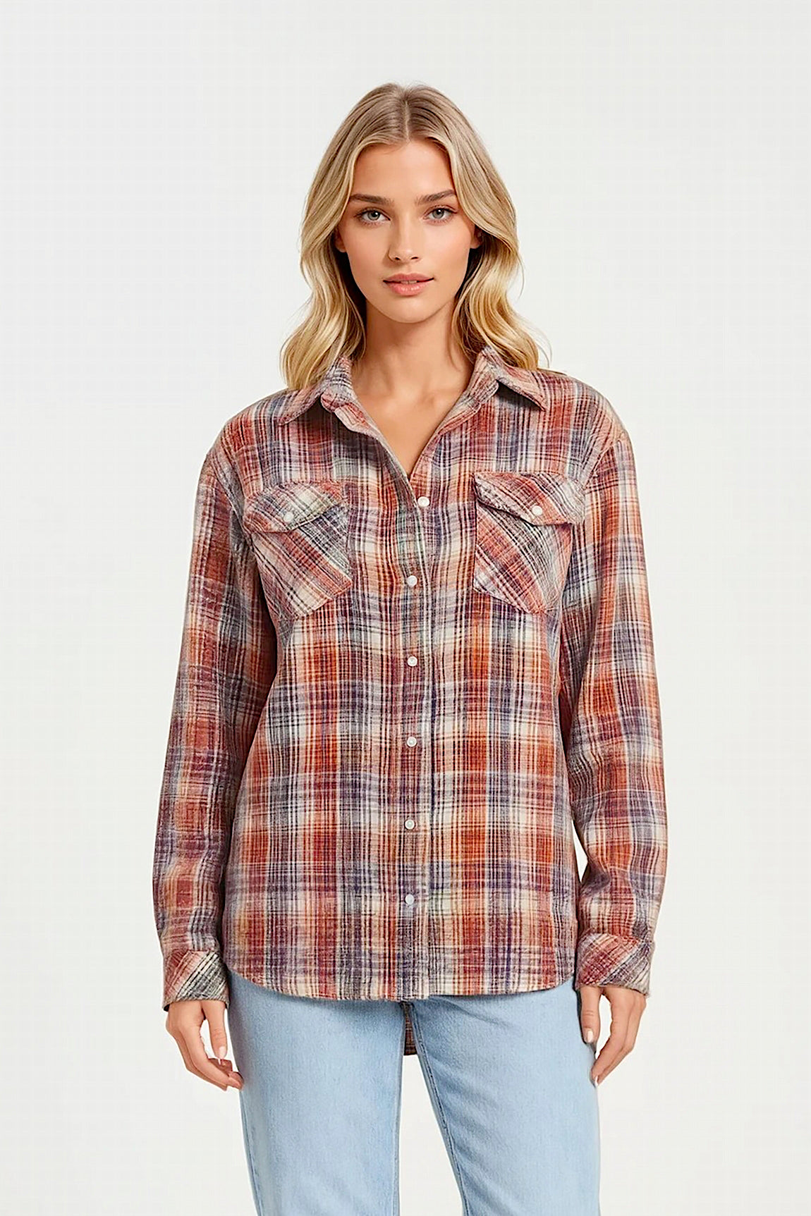 CAMISA DE CACHEMIRA A CUADROS PARA MUJER, NARANJA Y MARRÓN, TEJIDA A MANO
