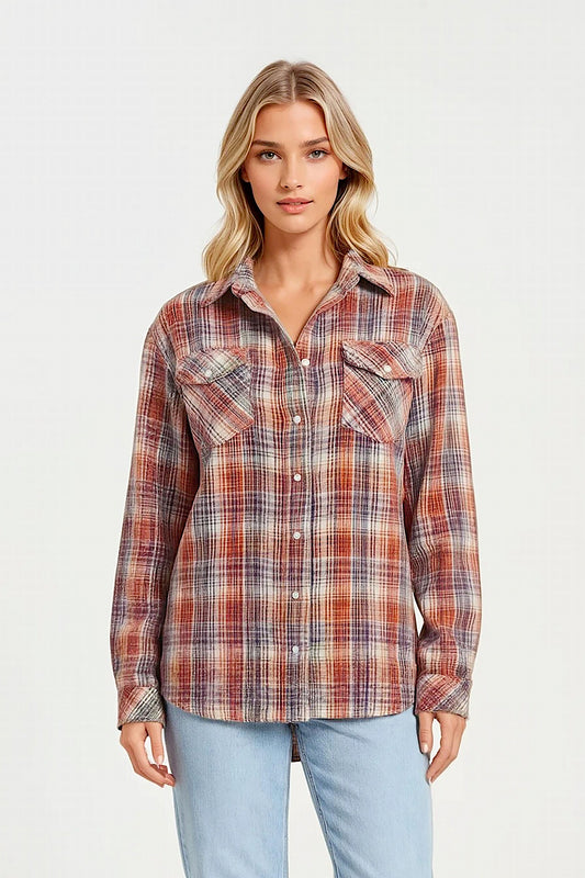 WOMEN'S ORANGE & BROWN HANDWOVEN CASHMERE PLAID SHIRT