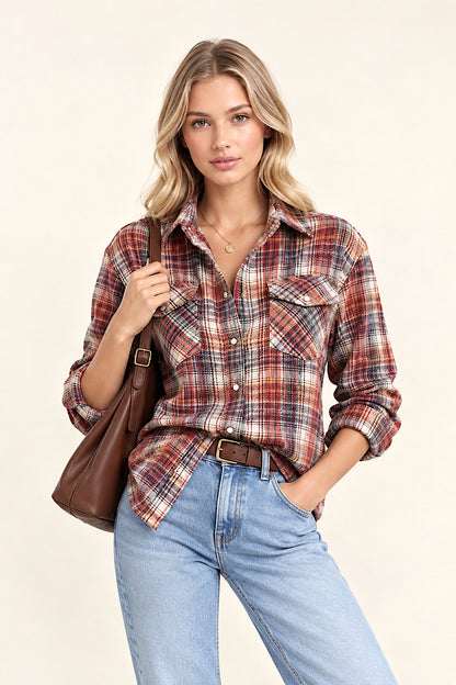CAMISA DE CACHEMIRA A CUADROS PARA MUJER, NARANJA Y MARRÓN, TEJIDA A MANO