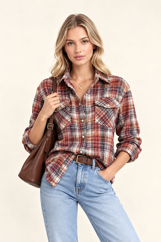 CAMISA DE CACHEMIRA A CUADROS PARA MUJER, NARANJA Y MARRÓN, TEJIDA A MANO