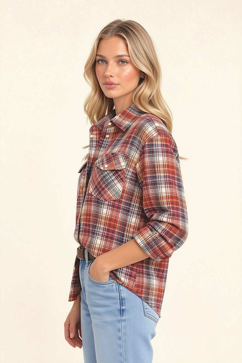 CAMISA DE CACHEMIRA A CUADROS PARA MUJER, NARANJA Y MARRÓN, TEJIDA A MANO