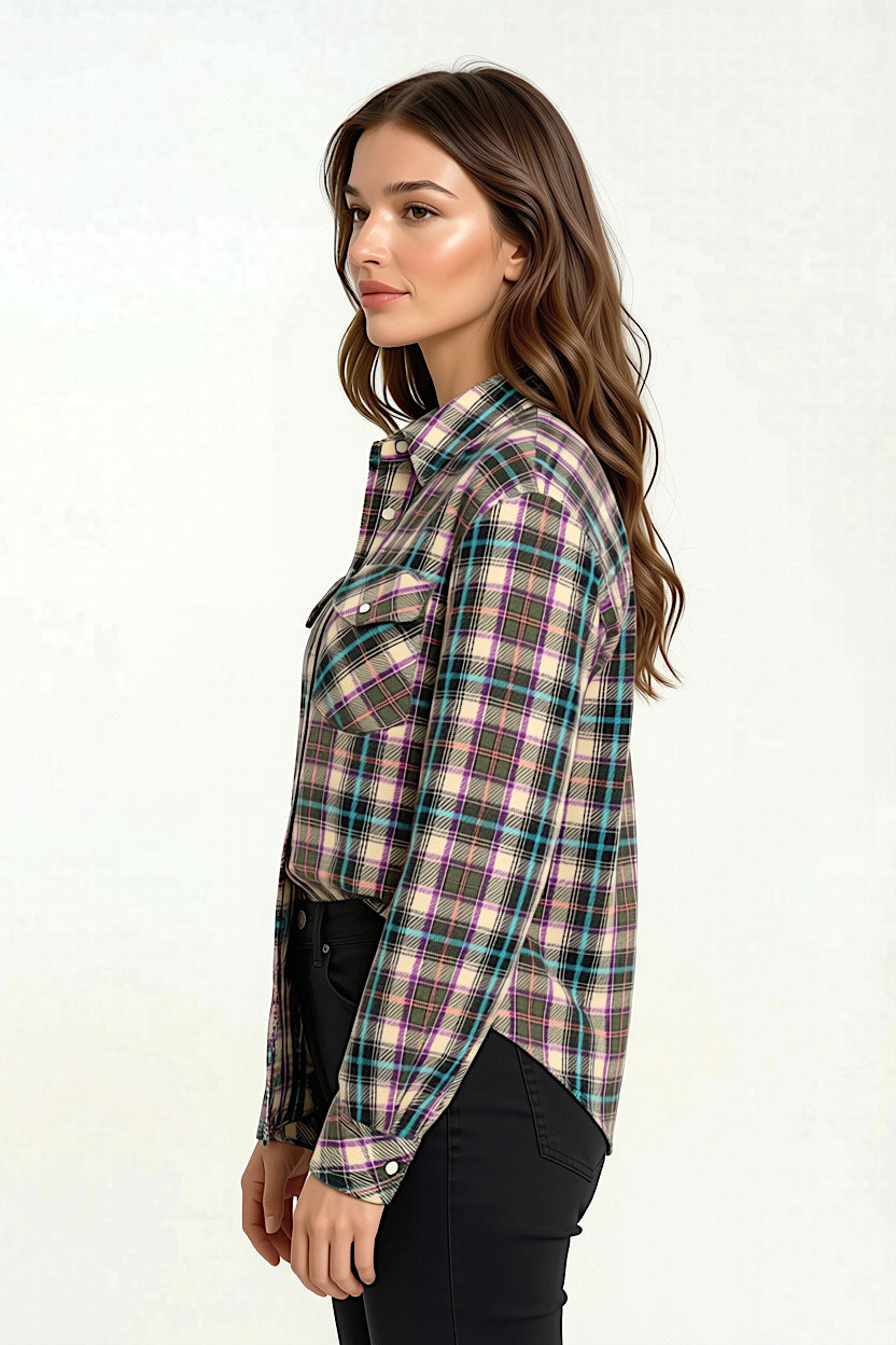 Camicia da donna in cashmere verde scuro-prugna, a quadri, tessuta a mano