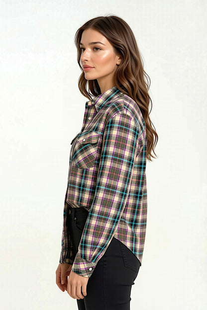 Camicia da donna in cashmere verde scuro-prugna, a quadri, tessuta a mano