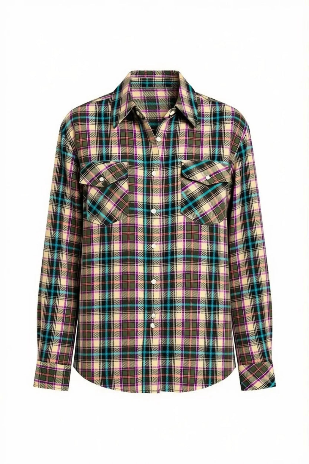 Camicia da donna in cashmere verde scuro-prugna, a quadri, tessuta a mano