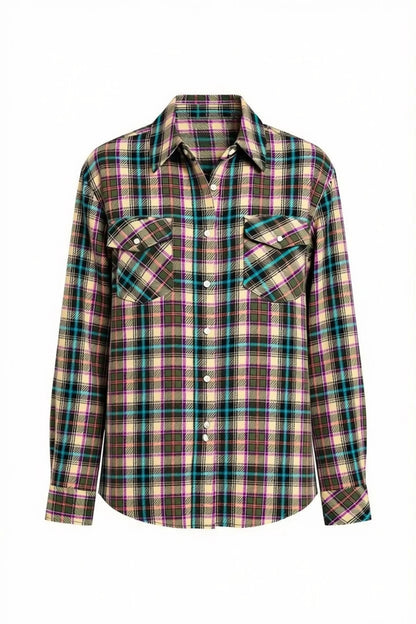 Camicia da donna in cashmere verde scuro-prugna, a quadri, tessuta a mano