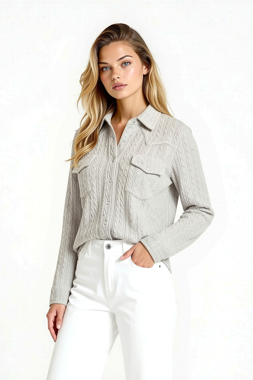 WOMEN’S OVERSTITCHED ARAN CABLE SNAP SHIRT