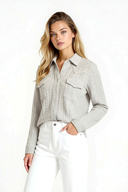 WOMEN’S OVERSTITCHED ARAN CABLE SNAP SHIRT