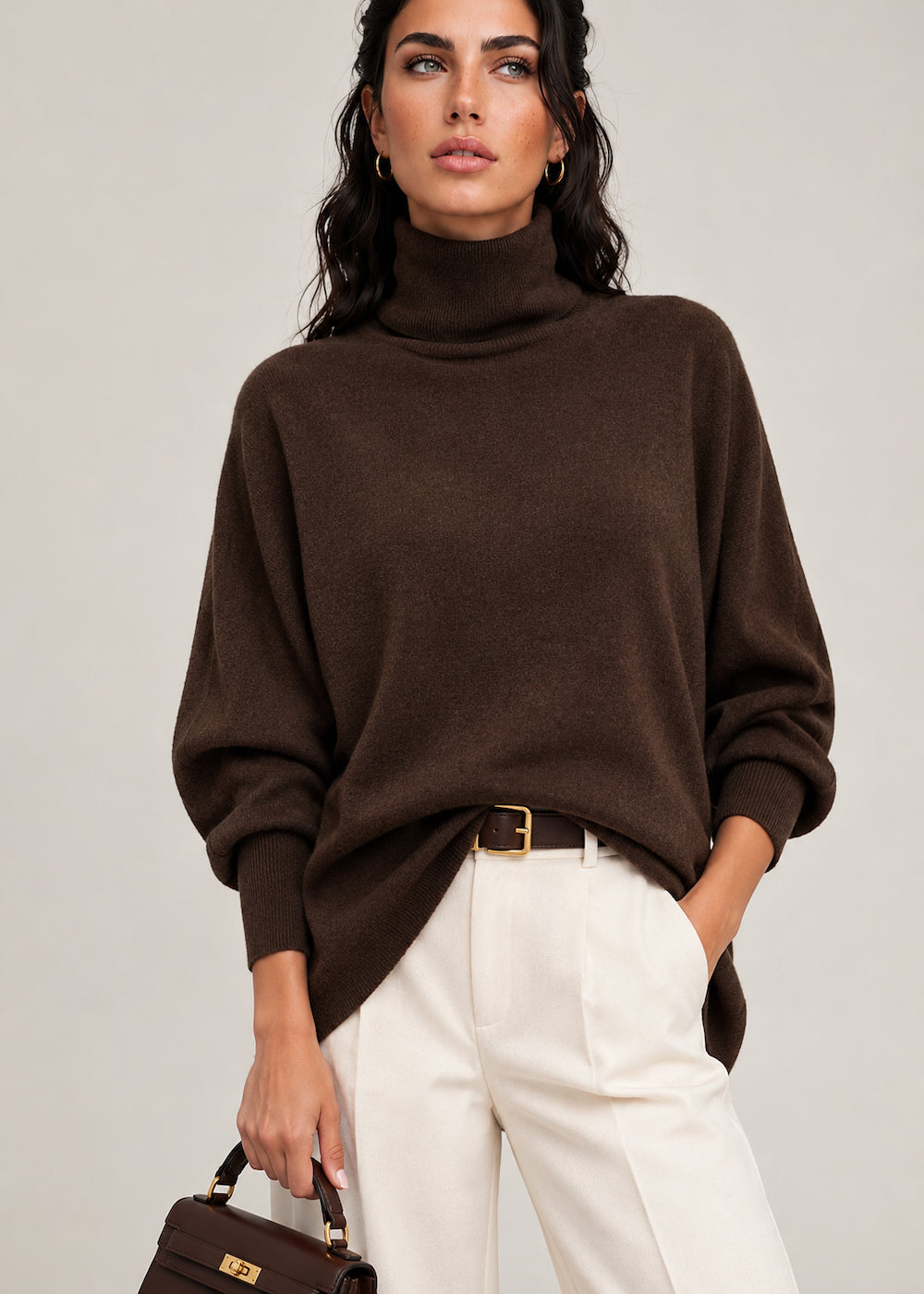 WOMEN'S CHARCOAL OVERSIZED CASHMERE TURTLE NECK