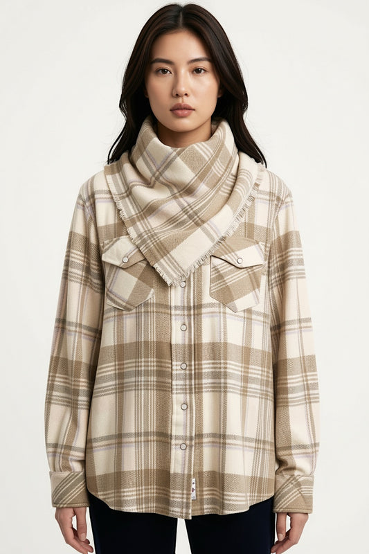 WOMEN'S BEIGE-PINK HANDWOVEN CASHMERE PLAID SHIRT