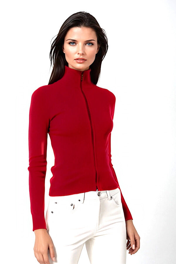 WOMEN’S 100% CASHMERE SOLID FITTED ZIP-UP. 12073/43ML