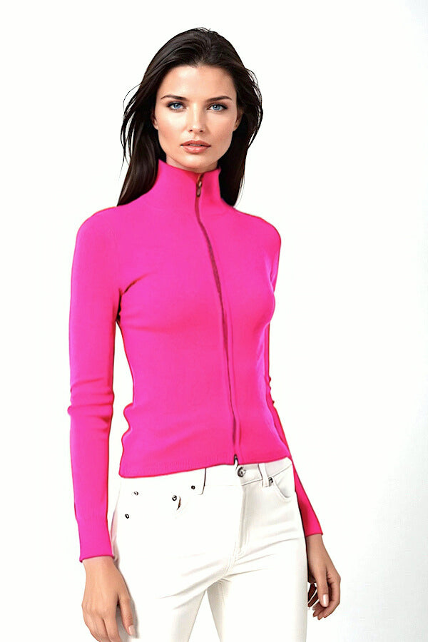 WOMEN’S 100% CASHMERE SOLID FITTED ZIP-UP. 12073/43ML