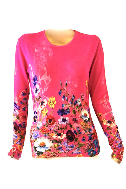 WOMEN'S FUCHSIA FLORAL PRINT CASHMERE & SILK CREW NECK