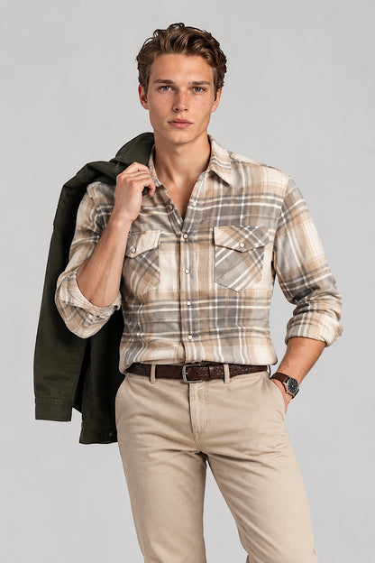 CAMICIA UOMO A QUADRI IN CASHMERE INTRECCIATO A MANO GRIGIO-BEIGE