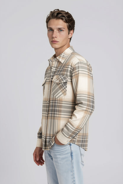 CAMICIA UOMO A QUADRI IN CASHMERE INTRECCIATO A MANO GRIGIO-BEIGE