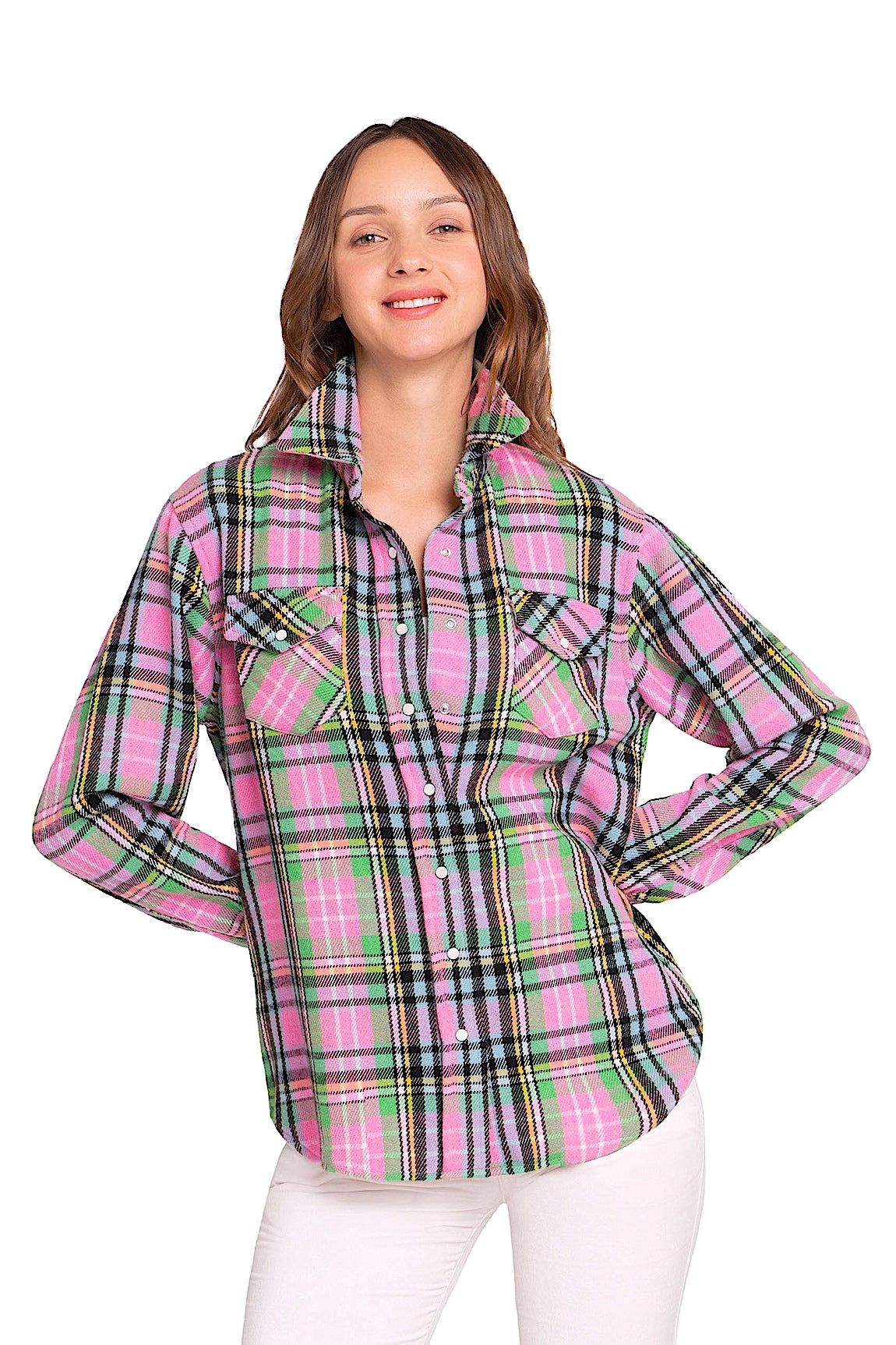 DAMEN PINK & GRÜN HANDGEWEBTES CASHMERE KAROHEMD
