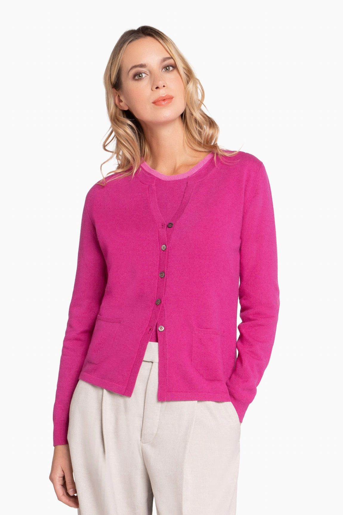 CARDIGAN CACHEMIRE COL ROND FUCHSIA 21860 FUCHSIA