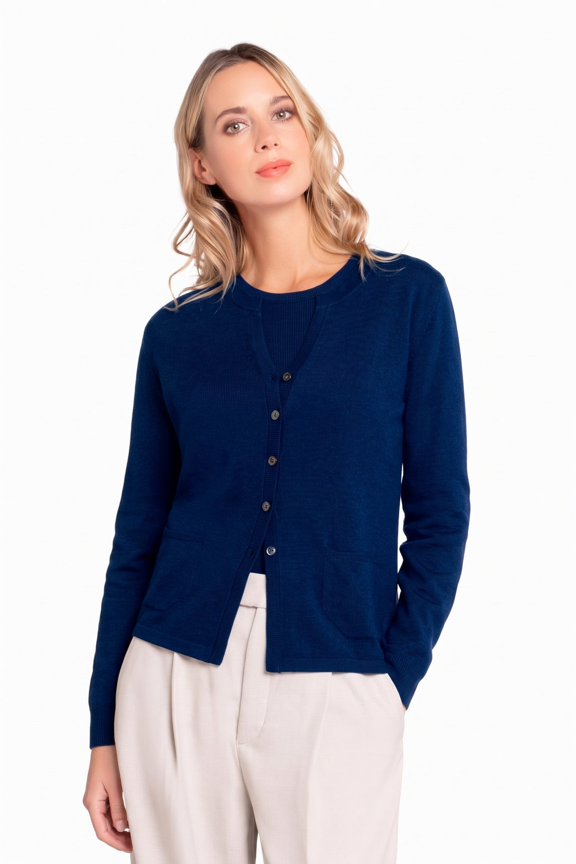 CARDIGAN CACHEMIRE COL ROND NAVY S607 NAVY