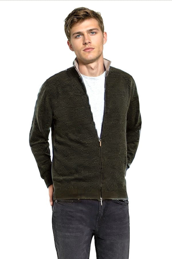 CARDIGAN CACHEMIRE ZIPPÉ HOMME 52360-27188 KAKI 52360-27188 KAKI