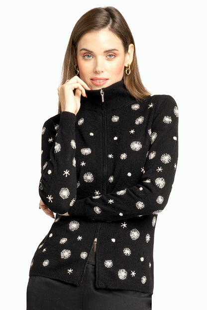 CARDIGAN ZIP À BRODERIES FLORA BLACK 8010 BLACK