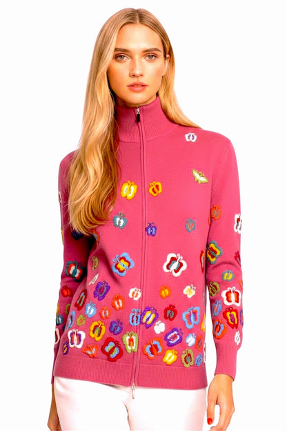 CARDIGAN ZIPPÉ CACHEM. BRODÉ CORAL RED 54674 CORAL RED