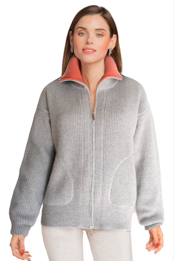 CARDIGAN ZIPPÉ MAILLE ANGLAISE BROWN-OFF WH