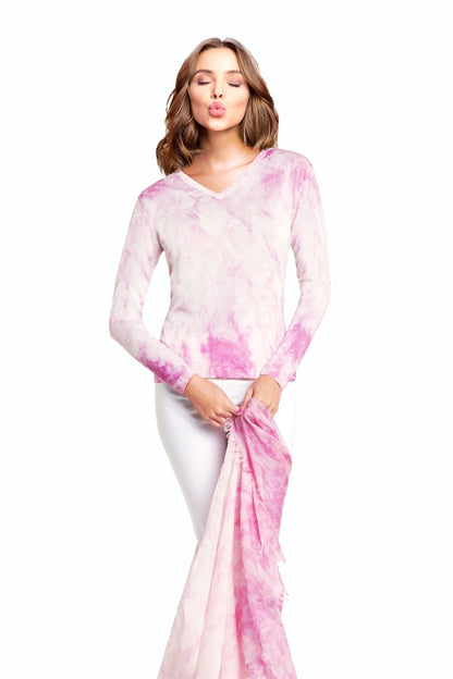 CASHMERE-SILK PRINTED V NECK