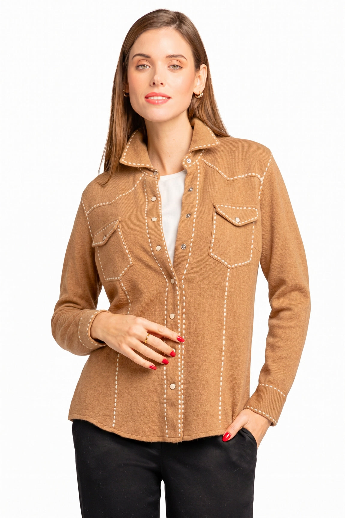 CHEMISE CACHEMIRE SURPIQURES CAMEL-CREAM 400009 CAMEL-CREAM