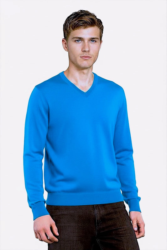 COL V FIN UNI CACHEMIRE-SOIE TURQUOISE BLUE