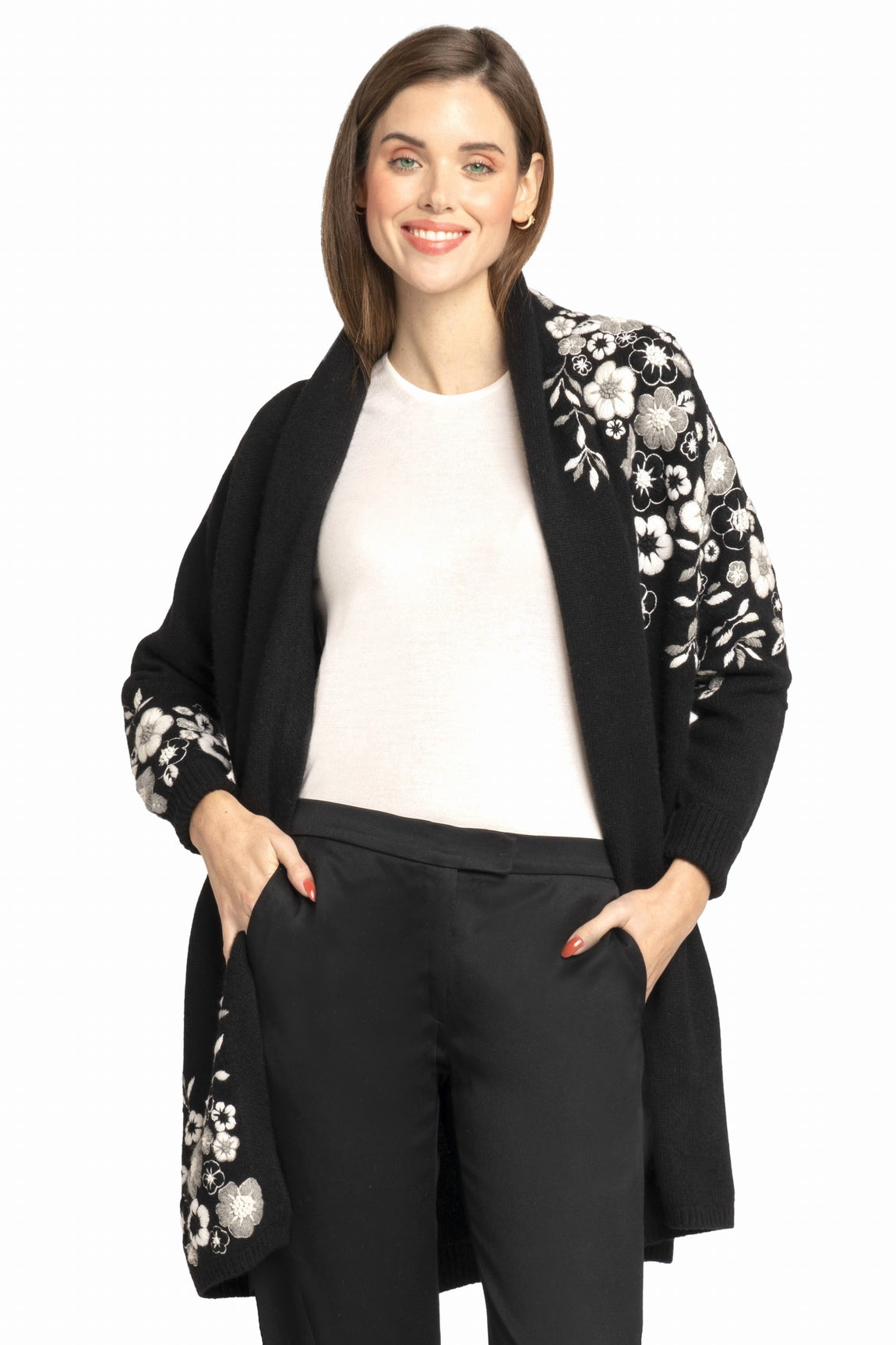 LONG CARDIGAN BRODÉ COL CHÂLE BLACK