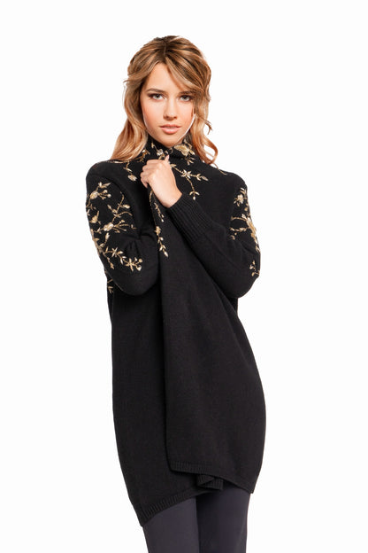 LONG CARDIGAN COL CHÂLE BRODÉ BLACK