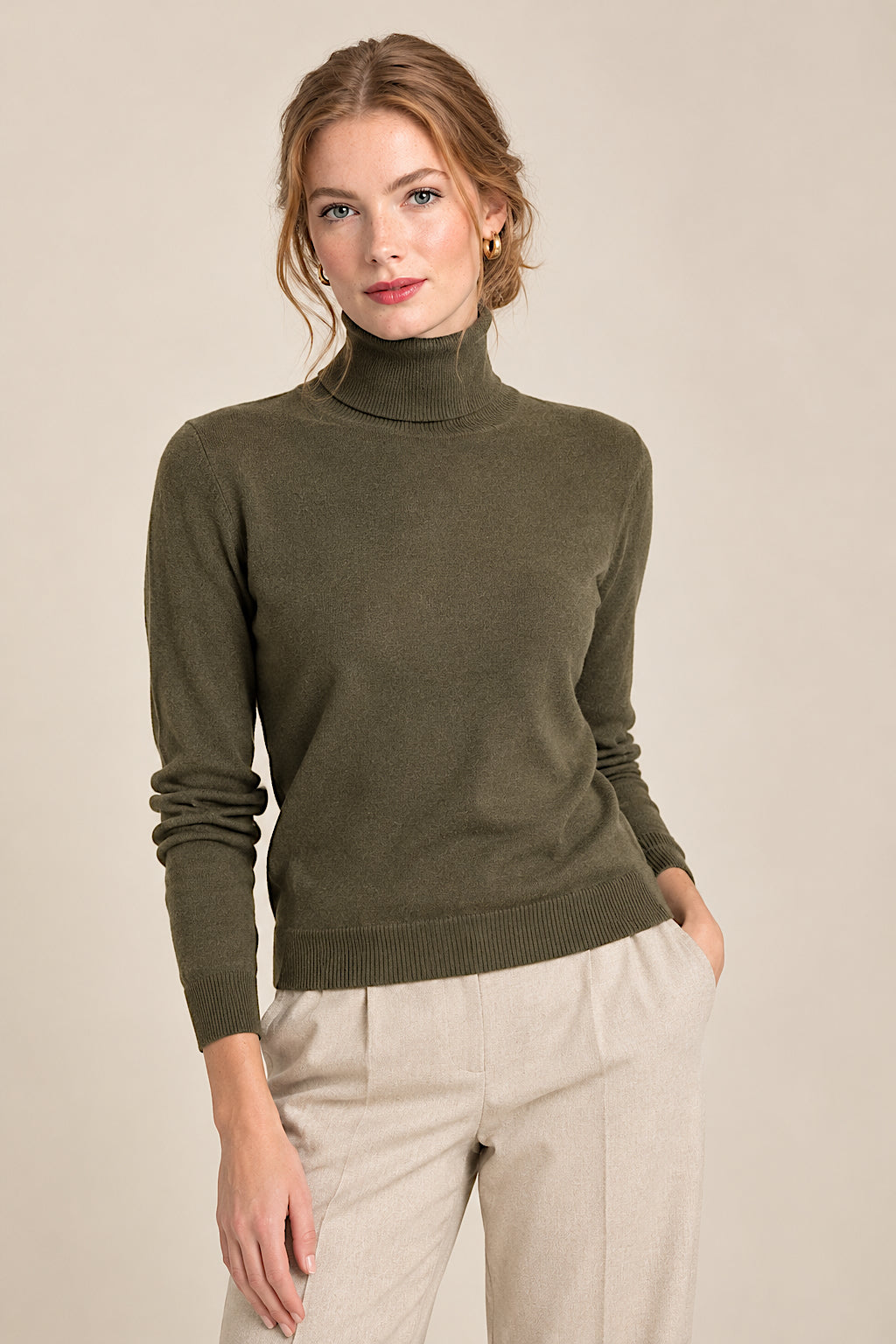 PULL CACHEMIRE COL ROULÉ KHAKI M300 KHAKI