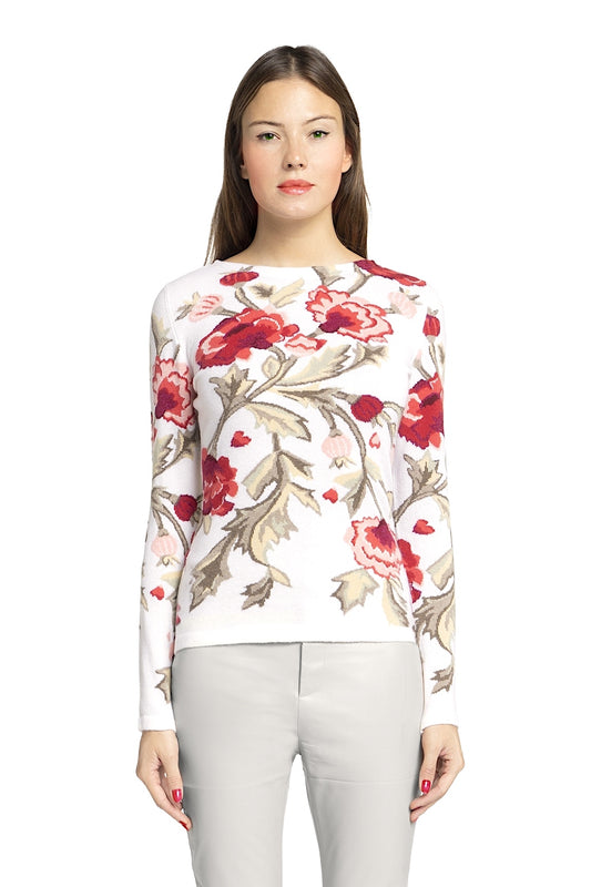 PULL CACHEMIRE INTARSIA FLEURS WHITE