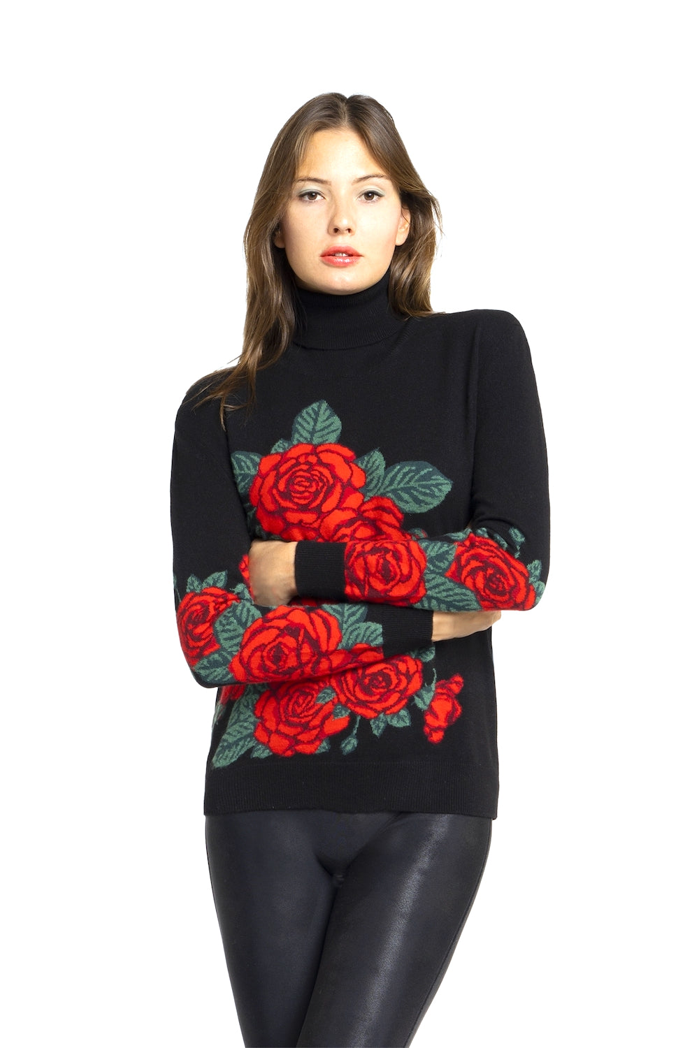 PULL CACHEMIRE INTARSIA ROSES GREY MARL