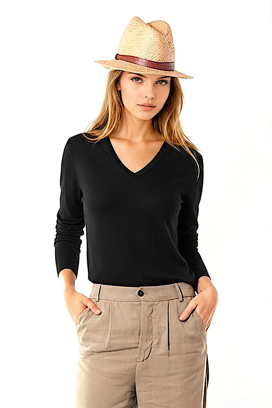 PULL CACHEMIRE-SOIE COL V BLACK 8010 BLACK
