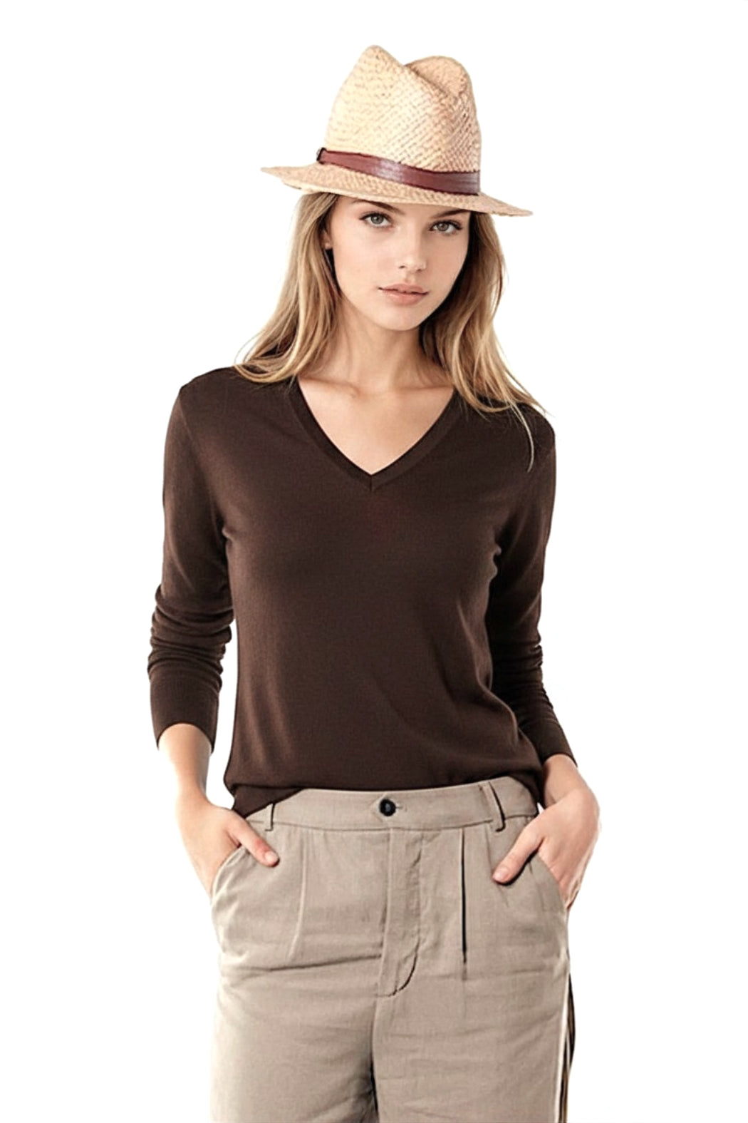 PULL CACHEMIRE-SOIE COL V BROWN 1638 BROWN