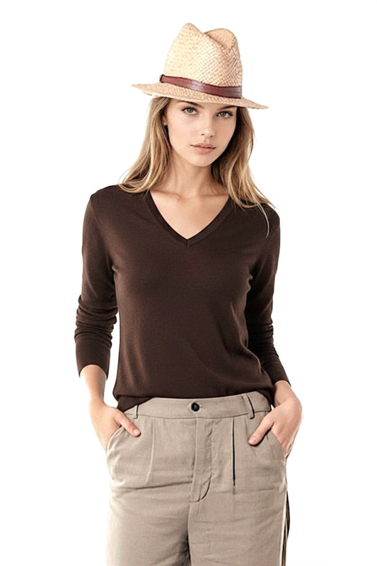 PULL CACHEMIRE-SOIE COL V BROWN 1638 BROWN
