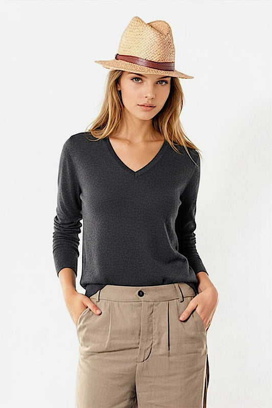 PULL CACHEMIRE-SOIE COL V DARK GREY 2142 DARK GREY