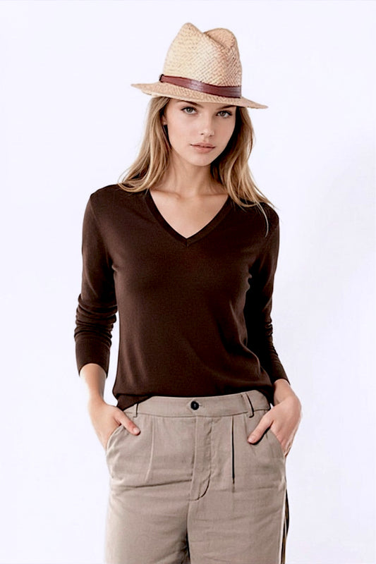 PULL CACHEMIRE-SOIE COL V DK BROWN 20904 DK BROWN