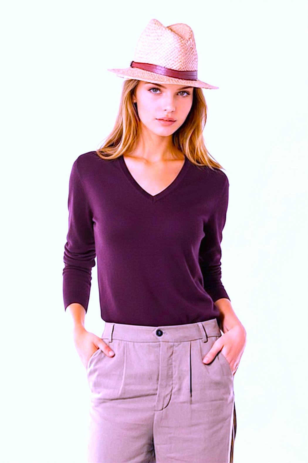 PULL CACHEMIRE-SOIE COL V DK ORCHID 21219 DK ORCHID