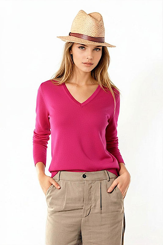 PULL CACHEMIRE-SOIE COL V FUSHIA 54675 FUSHIA