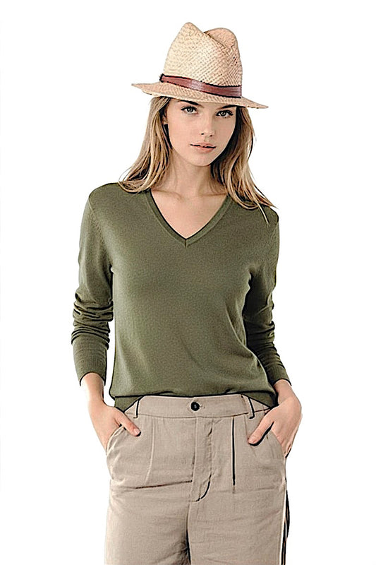 PULL CACHEMIRE-SOIE COL V KAKI 34754 KAKI
