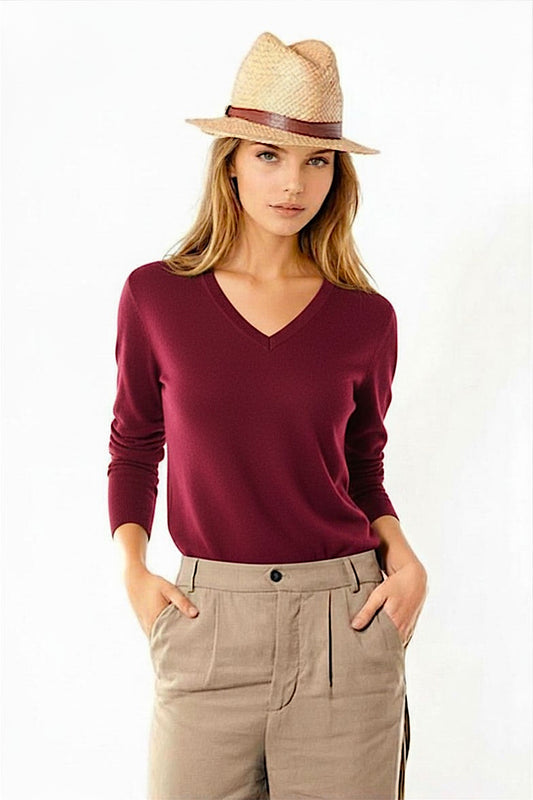 PULL CACHEMIRE-SOIE COL V PLUM 60034 PLUM