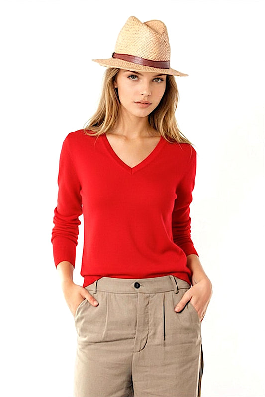 PULL CACHEMIRE-SOIE COL V RED 50314 RED