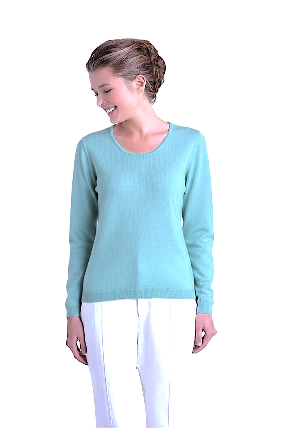 PULL CACHEMIRE-SOIE UNI COL U AQUA 52808 AQUA