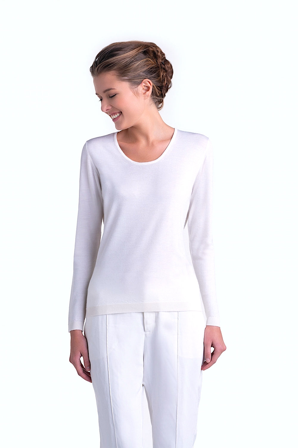 PULL CACHEMIRE-SOIE UNI COL U WHITE