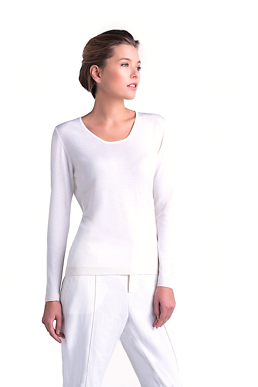 PULL CACHEMIRE-SOIE UNI COL U WHITE